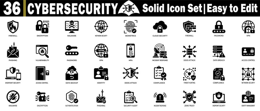 Cybersecurity solid icon set, easy to edit vector illustration.