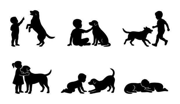 Children and Dogs Silhouette Collection: Playful Interactions, Companionship, Friendship, Childhood Moments, Pet Love, Vector Graphics