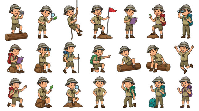 Collection of cartoon boy scouts performing various outdoor camping and hiking activities