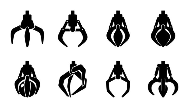 Industrial Claw Gripper Icons, Mechanical Grabber Symbols, Robotic Arm Tools, Heavy Duty Machine Elements, Vector Set