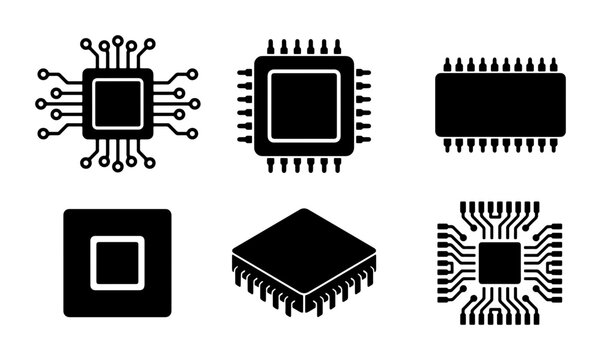 Set of 6 Black Microchip Icons, Computer Processor Vector Graphics, Electronic Component Symbols for Technology and Data Concepts