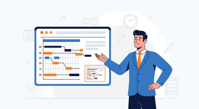 Business analyst presenting project timeline Gantt chart dashboard, planning strategy