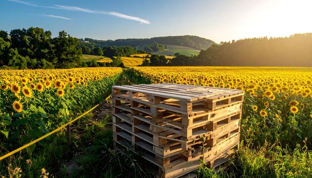 A serene field of sunflowers with a stack of wooden pallets