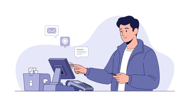 Customer paying with credit card at point of sale terminal with digital icons