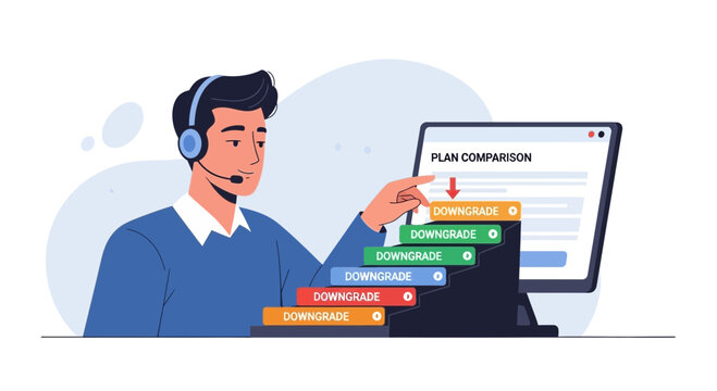 Customer service agent showing plan comparison with downgrade steps