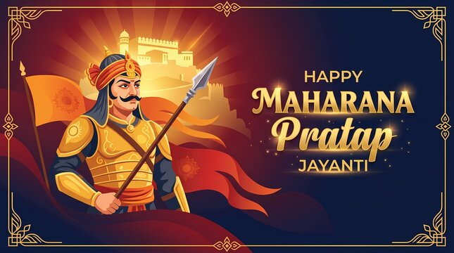 Maharana pratap jayanti celebration banner with warrior king illustration and fort background