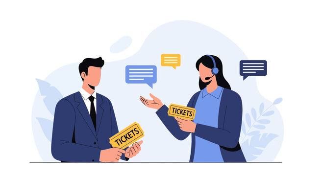 Customer service agent offering tickets and communication bubbles