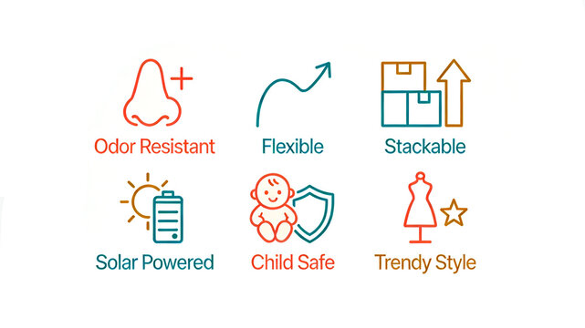 The nose, box, and baby icon represent the product's odor resistant, flexible, solar powered, child safe, and stylish design features.
