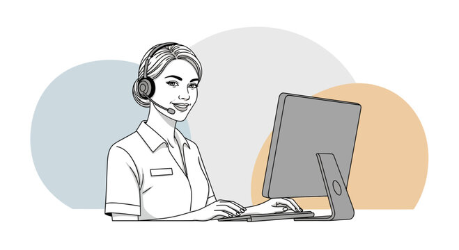 Customer service agent with headset and computer, smiling assistance
