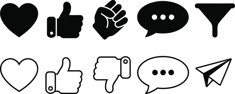 Social, media icon set isolated on transparent background featuring heart like thumbs up thumbs down speech bubble and share symbols, black and white vector UI elements.