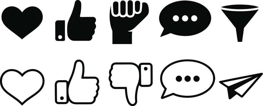 Social, media icon set isolated on transparent background featuring heart like thumbs up thumbs down speech bubble and share symbols, black and white vector UI elements.