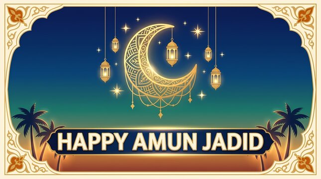 Happy amun jadid greeting card with golden crescent moon, hanging lanterns, and palm trees on a sunset background