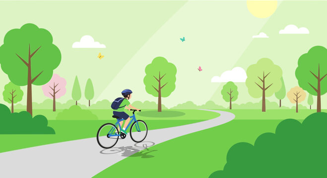 Person cycling on a scenic park path surrounded by lush green trees and sunlight