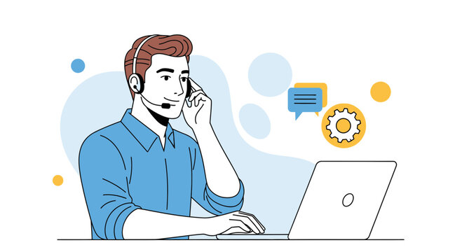 Customer Support Agent with Headset and Laptop - Flat Illustration