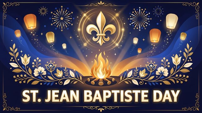 St jean baptiste day celebration banner with fleurdelis, bonfire, and floating lanterns in a festive night sky
