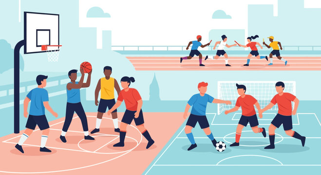 Diverse people playing basketball, soccer and running on sports fields.