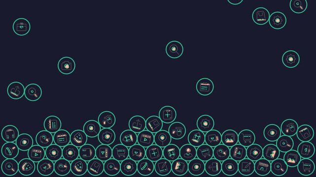 Animated lifestyle Icons Falling and Piling Up on dark Background in 4K