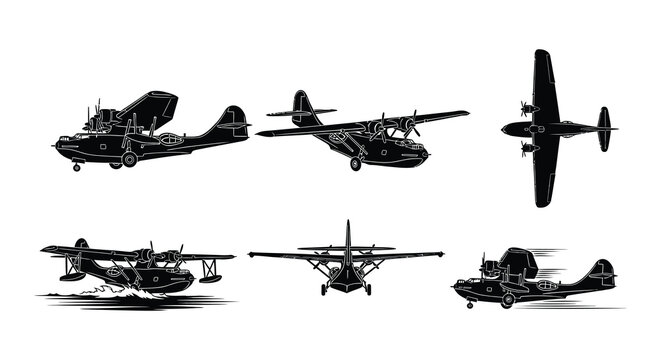 Seaplane silhouettes vector illustration of twin engine floatplanes