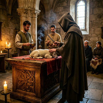 A solemn historical ritual unfolds in an ancient stone chapel, where a robed figure gently blesses a lamb on an ornate altar, observed by a devout congregation