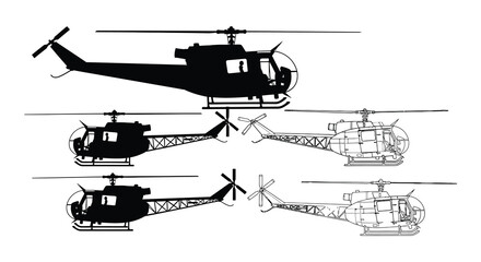 Obraz premium Helicopter silhouettes and line art on a white background