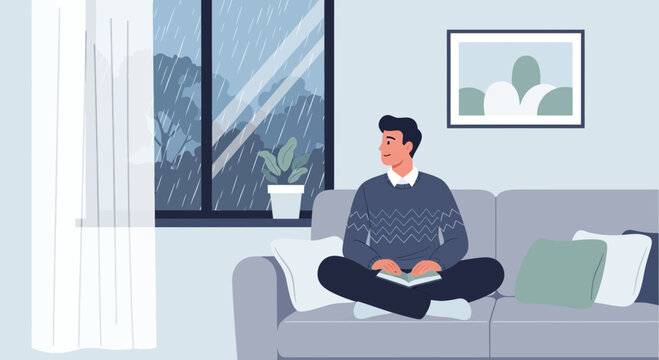 Man reading book on sofa, looking out window at rain, cozy home interior