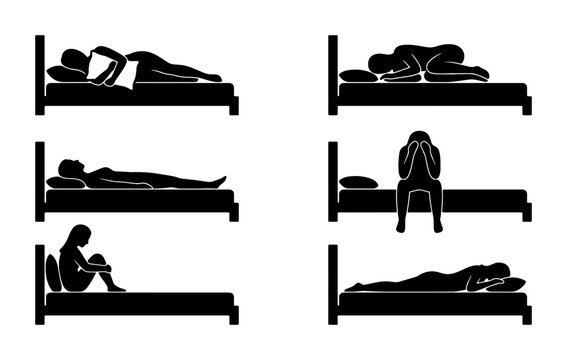 Vector Silhouettes of People in Bed, Depicting Sleep Positions and Emotional States, Minimalist Black and White Iconography for Health and Lifestyle Concepts