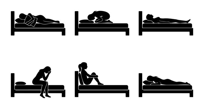 Six Silhouette Poses of People in Bed, Representing Sleep Positions and Emotional States, Simple Black and White Vector Icons for Healthcare and Lifestyle Concepts