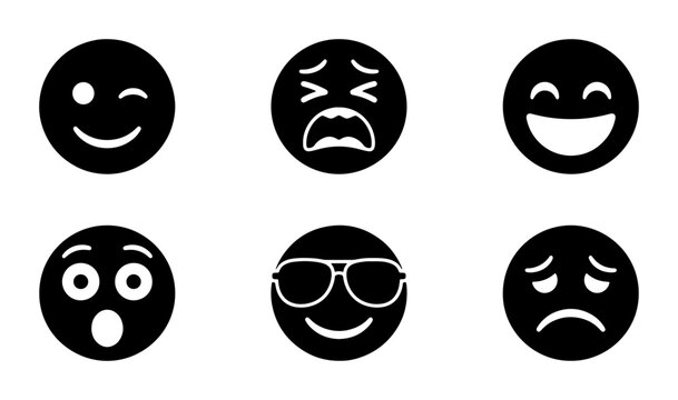 Black Emoji Icons Set: Winking Face, Crying Face, Grinning Face, Surprised Face, Cool Face with Sunglasses, Sad Face, Vector Graphics for Communication and Expression