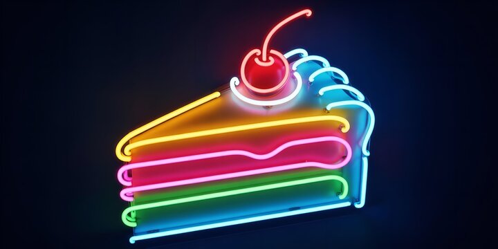 Neon slice of layered cake with cherry on dark background