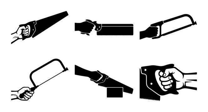 Hand Saw and Hacksaw Icons, Vector Set: Construction, DIY, Woodworking Tools, Manual Cutting Equipment, Black and White Graphics for Industrial and Craft Projects
