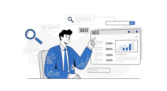 Digital Marketing Specialist Analyzing SEO Data with Magnifying Glass & Charts