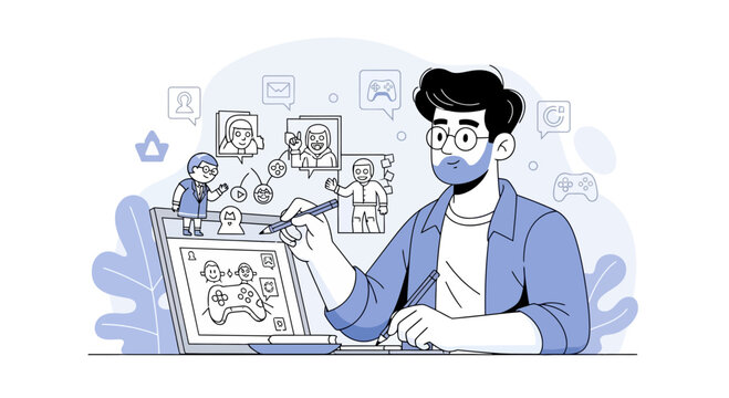 Game Developer Designing Video Game Characters and Interfaces on Tablet