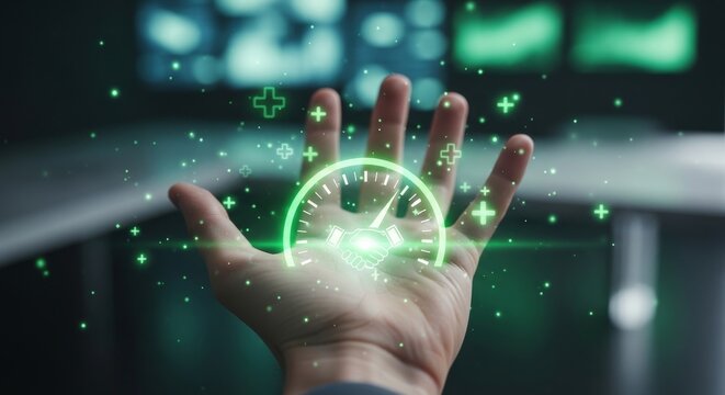 Hand interacting with futuristic digital clock interface in neon cyber space