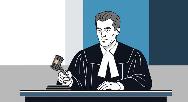 Judge Holding Gavel in Courtroom, Legal Justice Concept