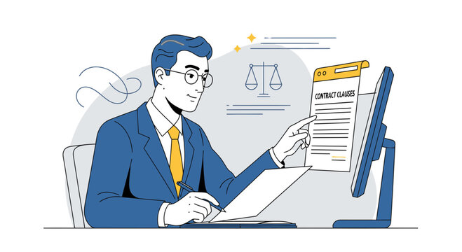 Lawyer reviewing contract clauses on computer screen - legal consultation, justice concept
