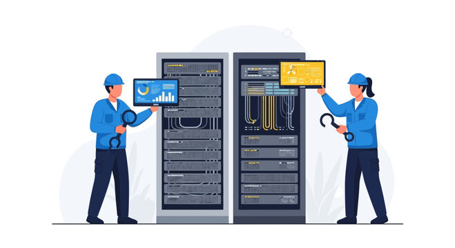 IT technicians and server racks, data center maintenance and cybersecurity concept