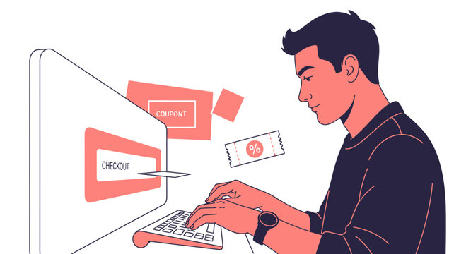 Man buying online with coupons and checkout on computer screen