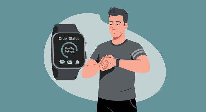 Man checking smartwatch for order status pending delivery update