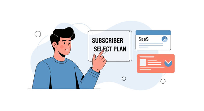 Man choosing subscriber plan, SaaS service selection, online subscription choice