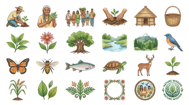 Colorful nature and indigenous culture clipart set with people, hut, basket, plants, river, mountains, animals, insects, fish and traditional ornaments