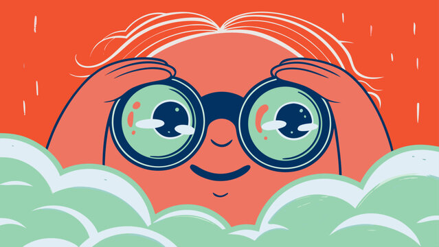 Child with binoculars looking at clouds flat illustration