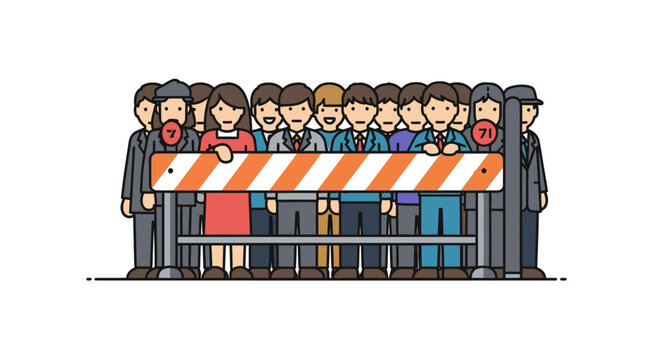 Diverse group of people standing behind a striped barrier with stop signs, illustrating concepts of restriction, exclusion, limited access, and social or corporate gatekeeping.