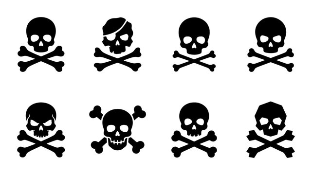 Skull and Crossbones Vector Icons Set: Pirate Symbols, Danger Warnings, Halloween Graphics, Macabre Art Elements