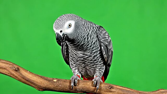 African Grey Parrot on Branch Green Screen Background