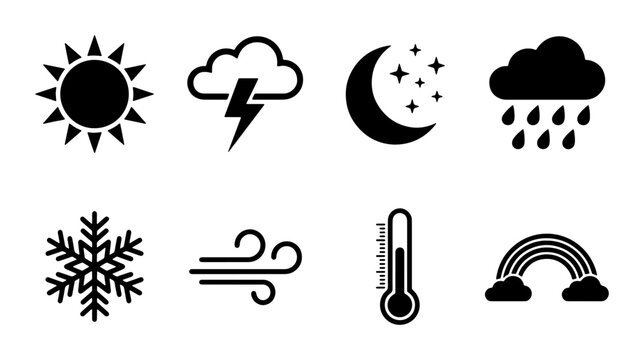 Weather Icons Set: Sun, Cloud, Moon, Rain, Snow, Wind, Thermometer, Rainbow, Forecasting Symbols, Meteorological Icons, Climate Icons, Weather Forecast