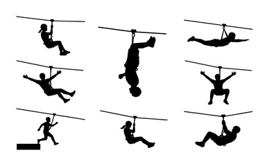 Zipline Adventure Silhouettes, Extreme Sports Action Poses, Outdoor Recreation Vector Icons, Thrill Seekers Enjoying Aerial Activity © Samira