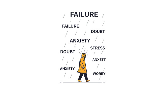 Conceptual illustration of a person in a yellow raincoat enduring a storm of failure, doubt, anxiety, and stress, symbolizing mental health struggles and resilience.