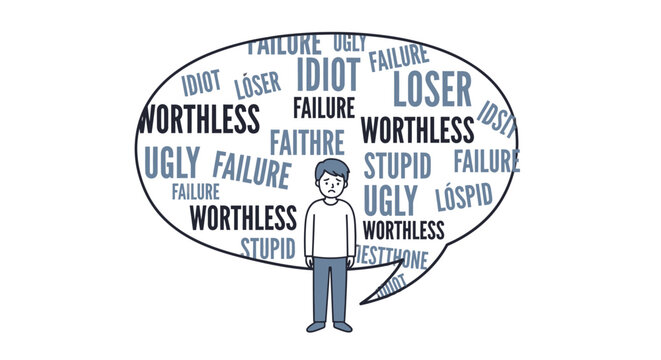 Young man overwhelmed by negative thoughts and self-doubt in a speech bubble, representing mental health struggles.