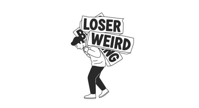 Man carrying heavy burden of negative labels: Loser, Weird, Boring. Social pressure, self-esteem, mental health concept.