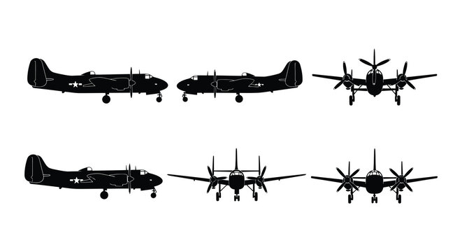 Vintage bomber aircraft silhouettes on a white background